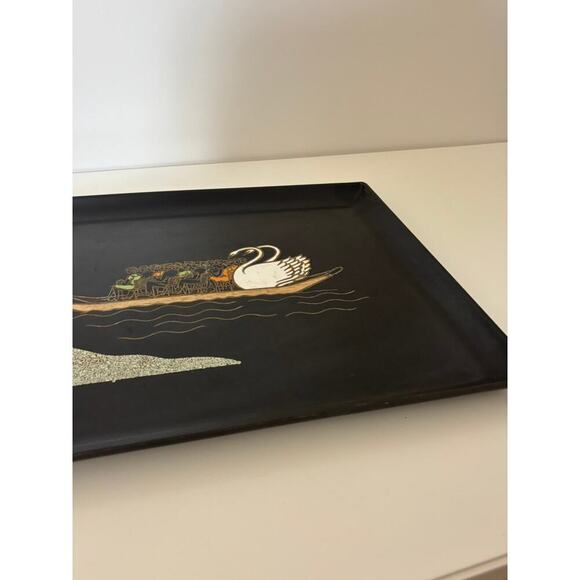 Couroc of Monterey "Swan Boats Of Boston" Mid-Century Inlaid Brass Wood Tray - Picture 6 of 6